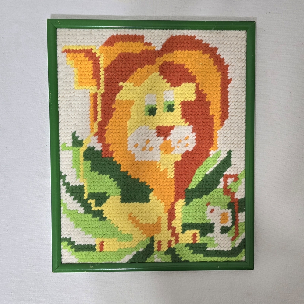 Completed/Framed Needlepoint Lion Mouse Bird 12" L X 1/2" W X 15" H Picture EUC